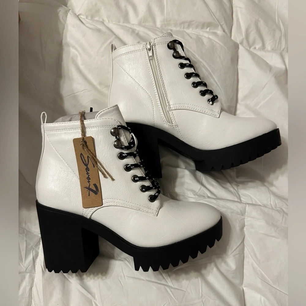 Seven7 White and Black Lug Heel Ankle Boots